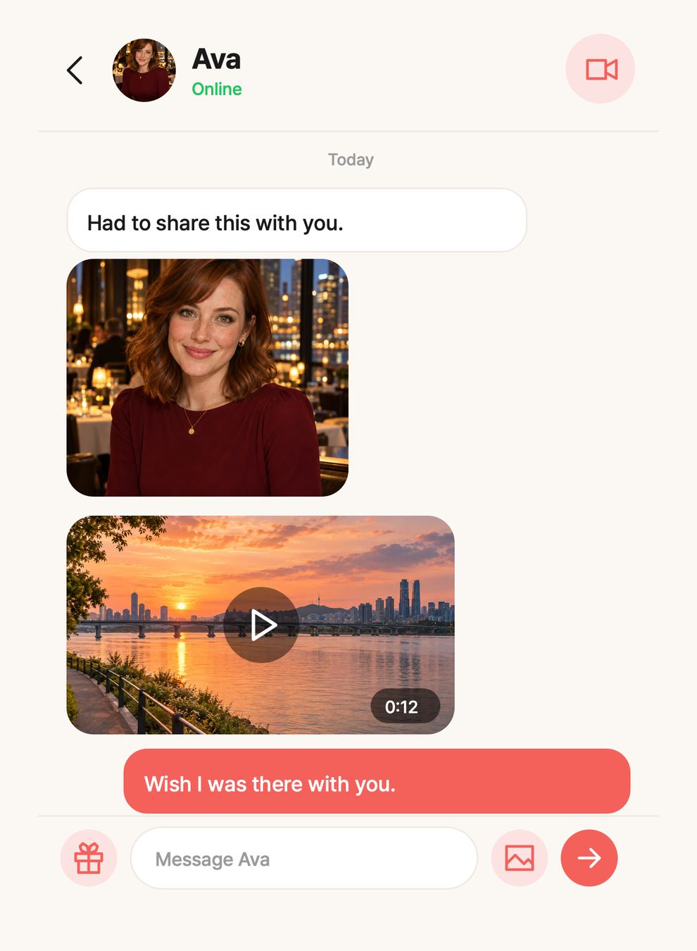 A chat with a shared photo and video
